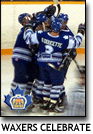 Waxers celebrate on of their five goals in a 5-5 draw with the Wexford Raiders.